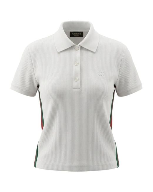 Gucci White Web Detailed Ribbed Jersey Polo Shirt