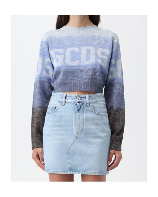 Gcds Blue Intarsia-Knit Logo Cropped Jumper