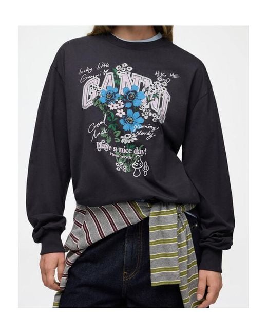 Ganni Black Basic Cotton Long Sleeve T-Shirt With Flower Print