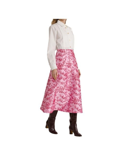 Alberta Ferretti Pink Floral-Print Mikado Midi Skirt