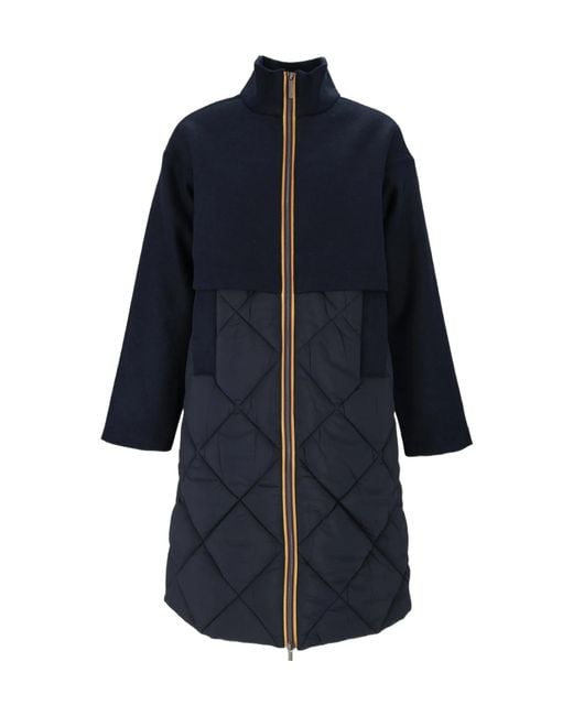 K-Way Blue Quilted Wool-Blend Parka Coat