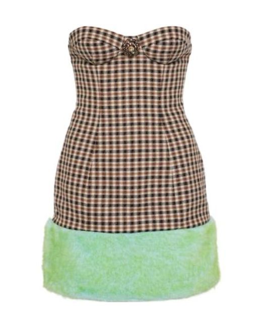 Area Green Faux Fur-Trimmed Strapless Minidress