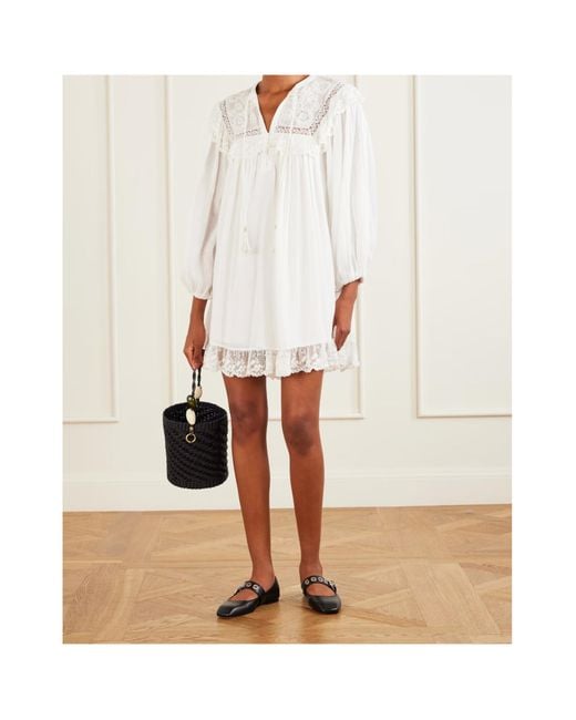 Rixo White Inez Floral-Embroidered Lace-Trimmed Cotton Mini Dress