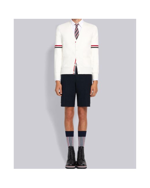 Thom Browne White Tricolour 4-Bar V-Neck Cardigan for men