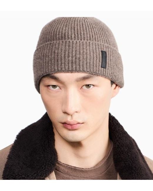 Giorgio Armani Brown Ribbed Cashmere Beanie With Cuff for men