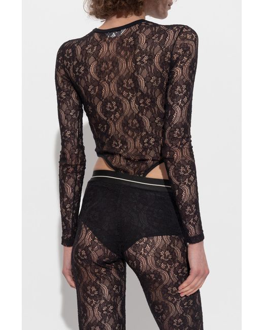 Palm Angels Gray Logo Printed Lace Bodysuit