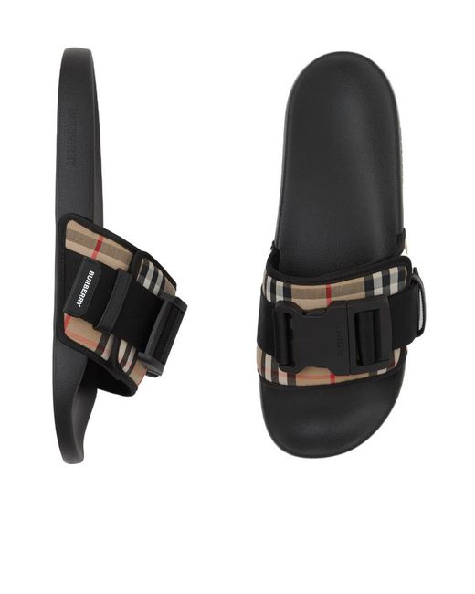 Burberry Black Slides with Vintage Check Strap Burberry Buckled Strap Vintage Check Cotton Slides  main image 2