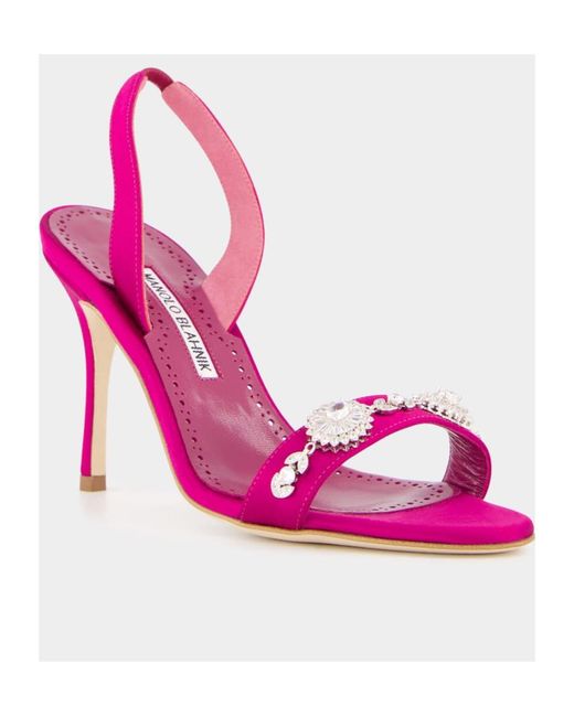 Manolo Blahnik Pink Satin Embellished Slingback Sandals