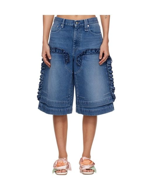 Simone Rocha Blue Ruffle Frill Board Denim Shorts With Belt Loop