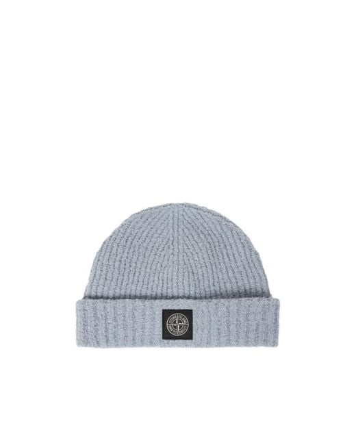 Stone Island Gray Ribbed Knit Beanie With Compass Logo Patch for men