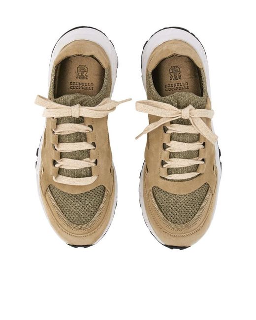 Brunello Cucinelli Metallic Sparkling Knit And Suede Runner Sneaker With Beadwork