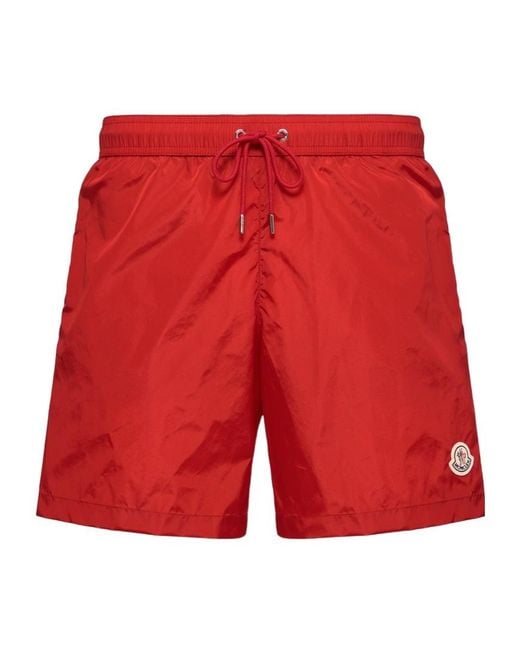 Moncler Red Logo Patch Drawstring Swim Shorts for men