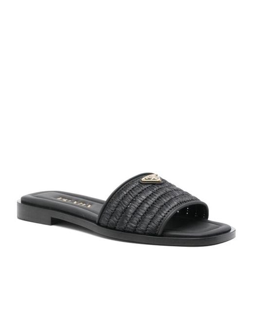Prada Black Logo Plaque Square Toe Sandals