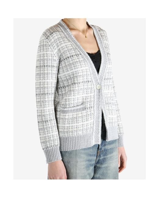 Thom Browne Gray Tuck Stitch Tweed Elongated V-Neck Cardigan