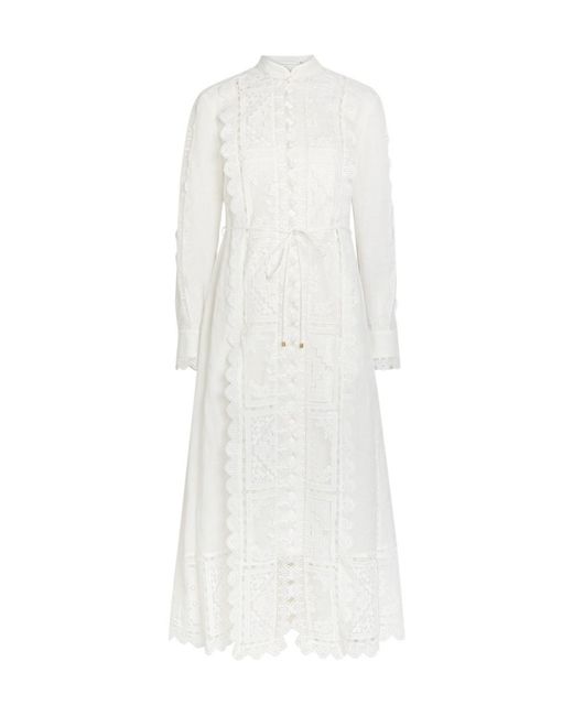 Zimmermann White Aster Embroidered Belted Ramie Midi Dress