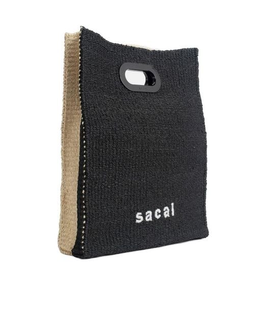 Sacai Black Logo Embroidered Woven Tote Bag for men