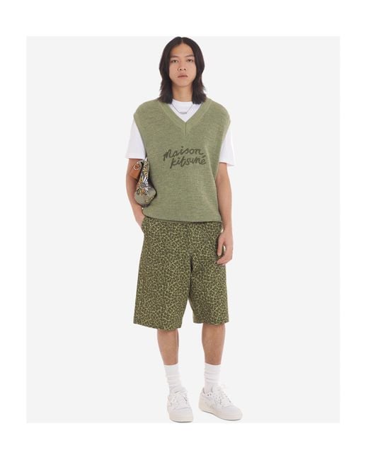 Maison Kitsuné Green Maison Kitsuné Logo Embroidered V-Neck Knitted Top for men