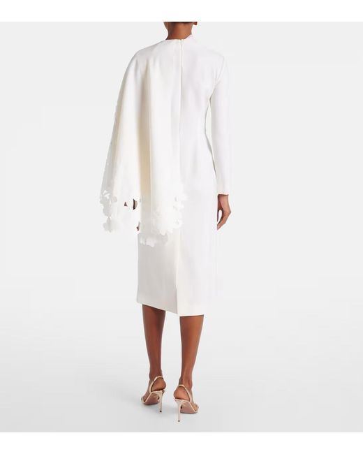 Oscar de la Renta White Cape-Detail Wool-Blend Midi Dress