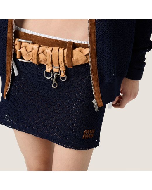 Miu Miu Blue Cotton Crochet And Suede Miniskirt