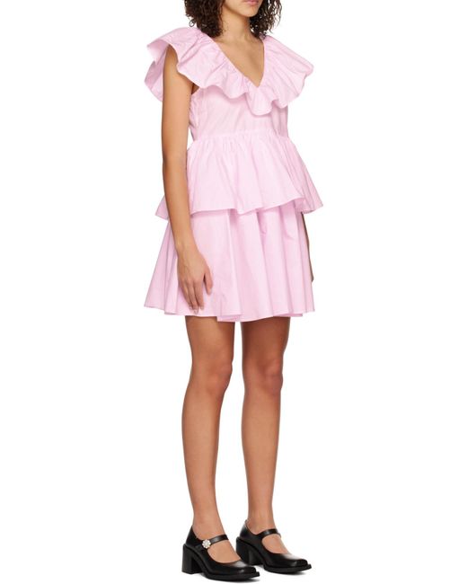 Ganni Pink A V-Collar Dress With Lotus Leaf Edge
