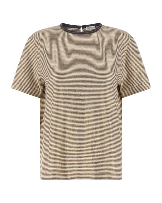 Brunello Cucinelli Natural Shiny Collar Detail T-Shirt