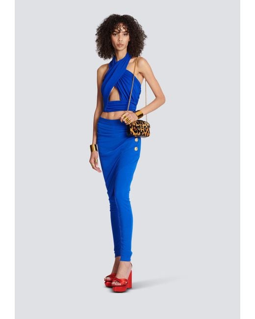 Balmain Blue Ruched Halter Neck Crossover Top