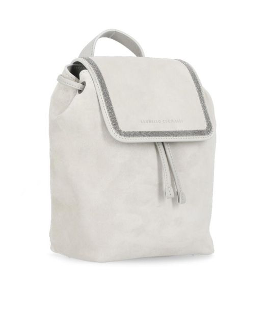 Brunello Cucinelli White Logo Embossed Drawstring Backpack