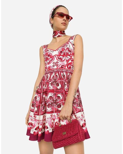Dolce & Gabbana Red Short Majolica-Printed Charmeuse Bustier Dress