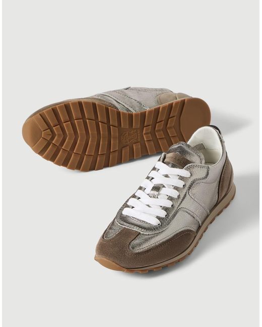 Brunello Cucinelli White Lamé Calfskin And Suede Runners With Shiny Loop