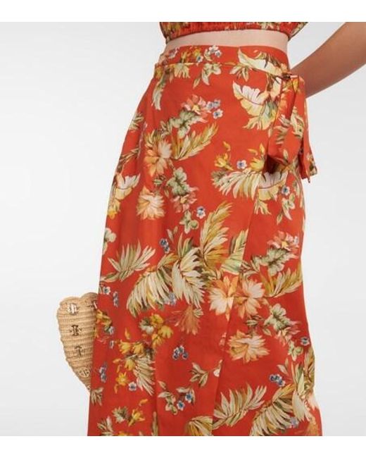 Erdem Red Vacation Hermia Floral Cotton Wrap Maxi Skirt