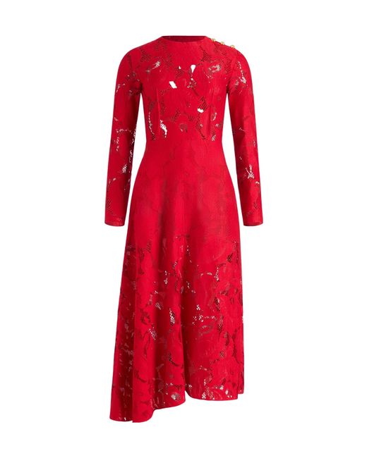 Patou Red Laced Long-Sleeves Midi Dress