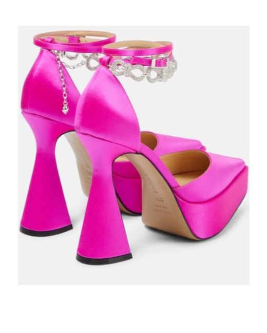Mach & Mach Pink Bow Chain Embellished Satin Platform Pumps