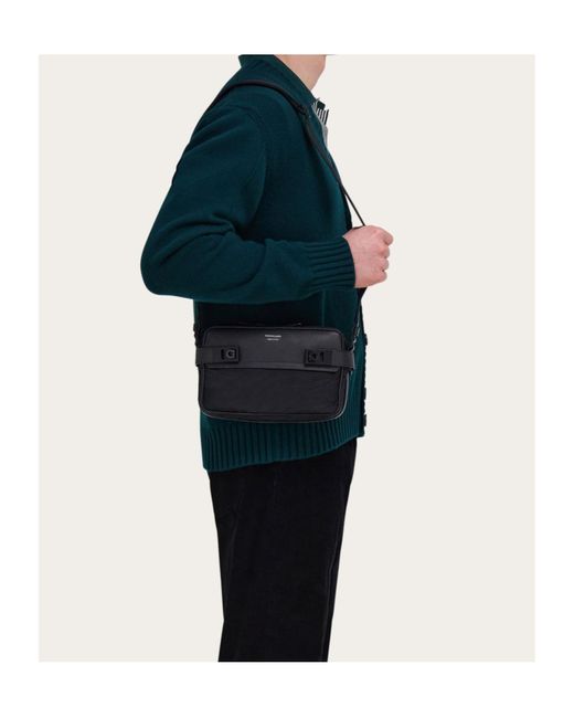 Ferragamo Black Gancini-Buckles Messenger Bag for men