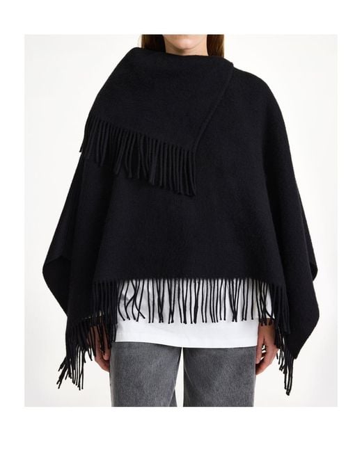By Malene Birger Black Fringed Wool Cape Coat