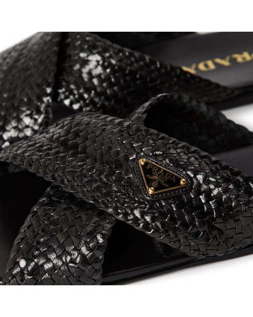 Prada Black Straw Woven Flat Sandals