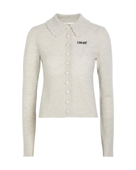 Chloé White Logo Intarsia Wool Cardigan