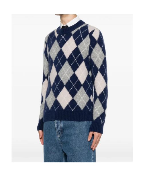 Eleventy Blue Long-Sleeve Argyle-Knit Sweater for men