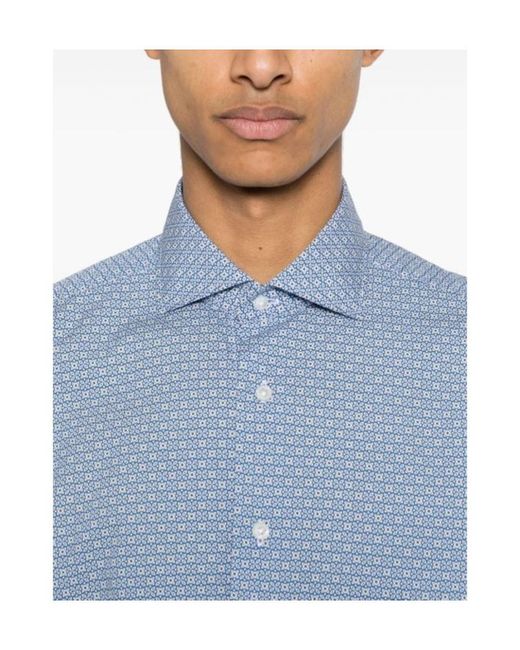 Barba Napoli Blue Floral-Print Cotton Shirt for men