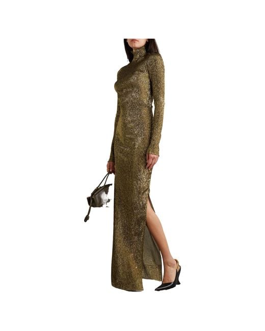Petar Petrov Green Metallic Pleated Maxi Dress