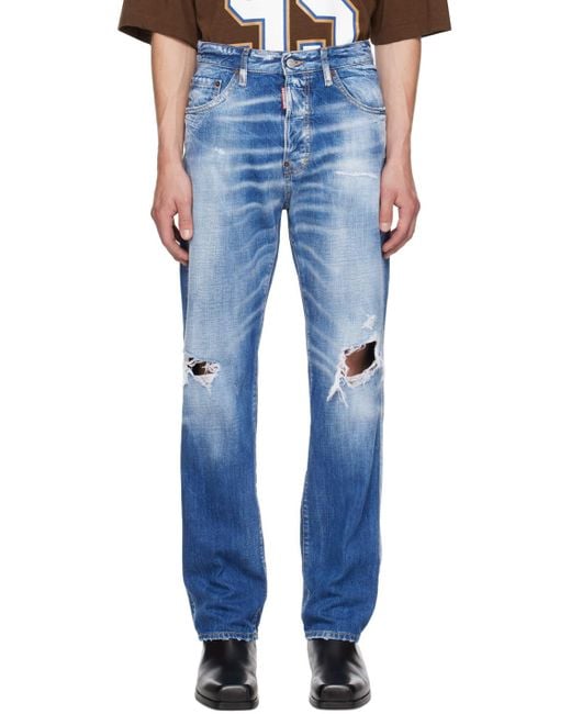 DSquared² Blue Distressed Straight-Leg Jeans for men