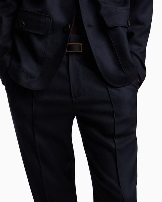 Emporio Armani Blue Stretch-Twill Virgin-Wool Trousers With Ribbing for men