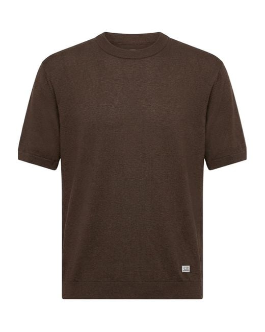 C P Company Brown Ribbed-Trim Logo-Patch T-Shirt for men