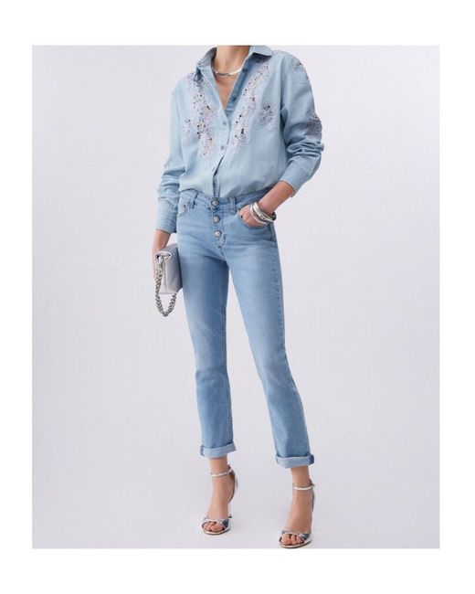 Liu Jo Blue Gemstone-Appliqué Turn-Up Jeans