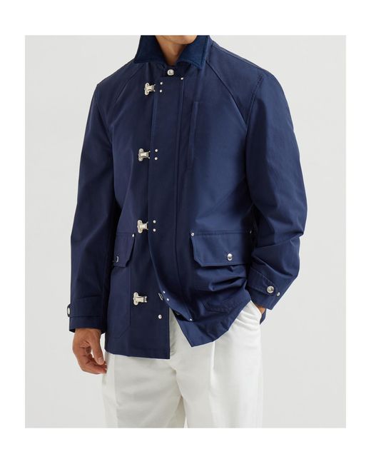Brunello Cucinelli Blue Hook Fastened Long Sleeved Jacket for men