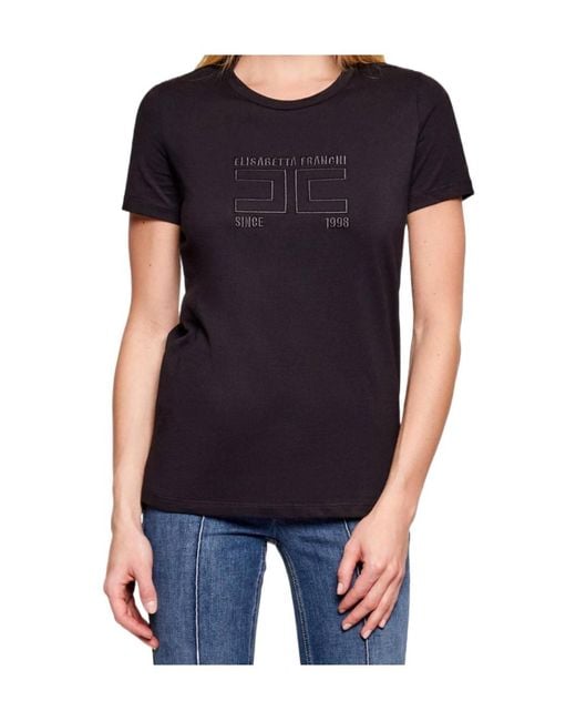 Elisabetta Franchi Blue Logo Embroidered Crewneck T-Shirt