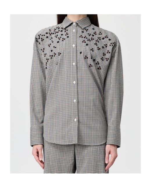 MSGM Gray Long Sleeved Checked Embellished Shirt