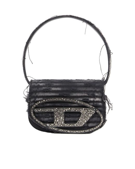 DIESEL Black 1-Dr Embellished Distressed Denim Shoulder Bag