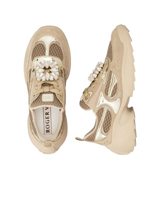 Roger Vivier Natural Embellished Lace-Up Sneakers
