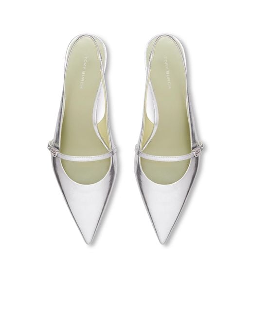 Tory Burch White Double T Metallic Pointed-Toe Pumps
