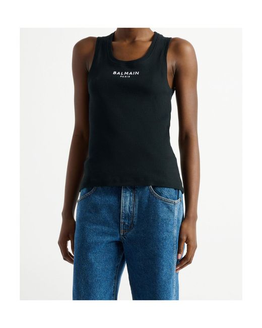 Balmain Black Paris Embroidered Vest Top